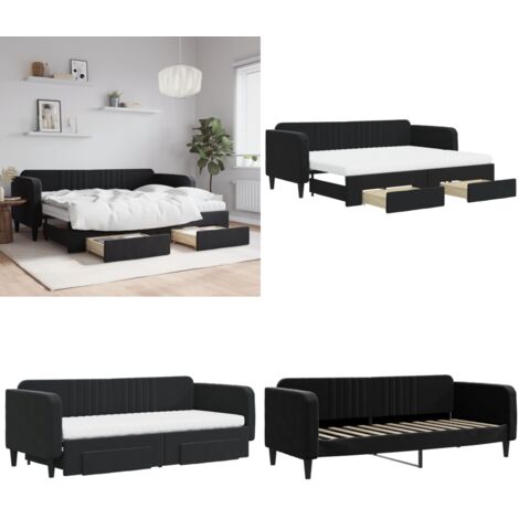 Divano Letto Estraibile con Cassetti Nero 80x200 cm in Velluto - Letto da giorno - Letto con cassetti