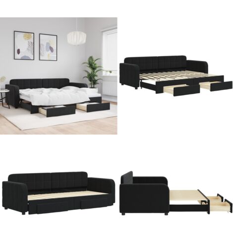 Divano Letto Estraibile con Cassetti Nero 80x200 cm in Velluto - Letto da giorno - Letto estraibile