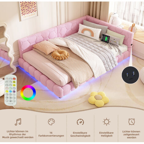 Divano letto imbottito 140x200 cm, LED, porta USB, Type-C, letto adulto/bambino, materasso non incluso, rosa