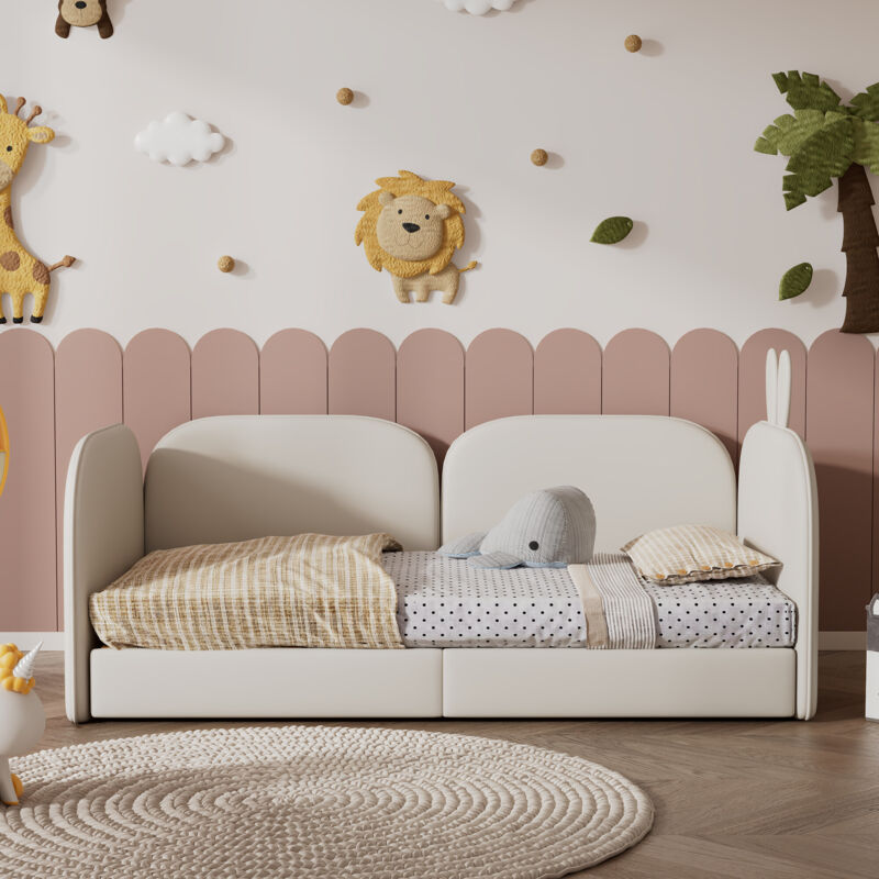 Image of Divano letto imbottito con testiera coniglio, letto per bambini, 3 sponde incluse, divano letto, velluto, beige, 90x200 cm