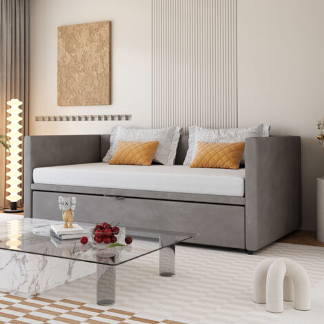 Divano letto imbottito in velluto grigio 90x200 cm estraibile 180x200 cm con rete a doghe