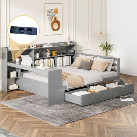 Divano letto in legno 140x200 cm con scrivania, libreria, cassetti, presa di corrente, senza materasso, grigio
