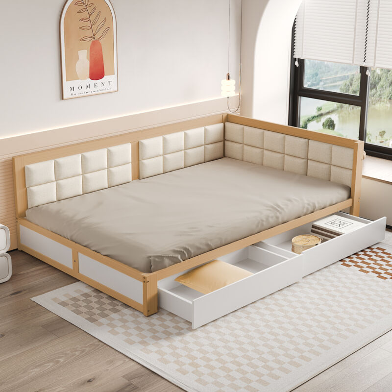 Redom - Divano letto in legno 140x200, letto multifunzionale, forma morbida dello schienale, ampi cassetti portaoggetti, rete a doghe, letto singolo