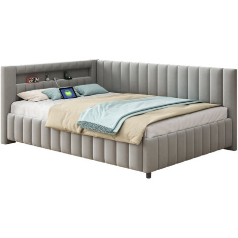 Divano letto in velluto grigio 140x200 cm con LED, USB e rete a doghe