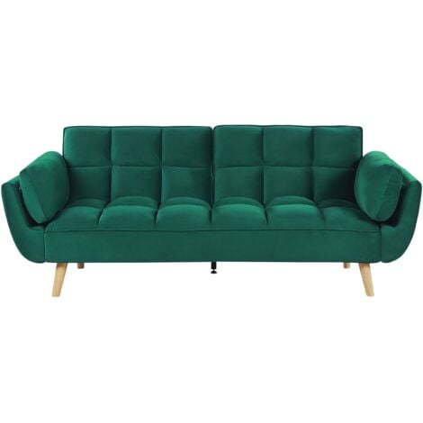 Divano Letto in Velluto Verde 3 Posti Gambe in Legno Imbottito in Schiuma Asby