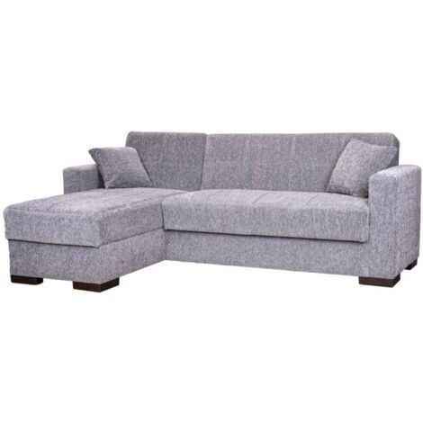 divano letto "merlin" in tessuto grigio con cassettone e penisola reversibile, 225x150x81 cm