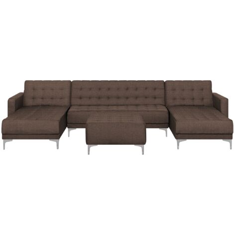 Divano Letto Modulare ad U a 5 Posti con Ottomana in Tessuto Marrone Moderno Aberdeen