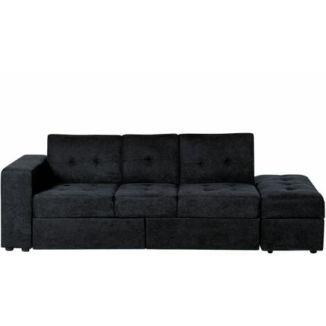 Divano letto nero con cassetti e ottomano contenitore Falster