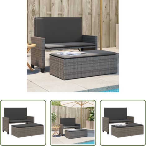 Divano letto - Panca da Giardino con Cuscini e Poggiapiedi Grigia Polyrattan
