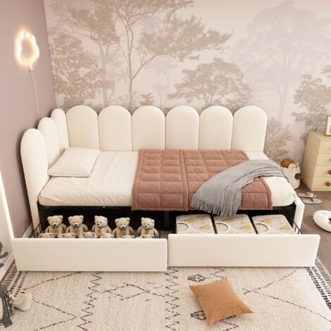Divano letto per bambini 90x190 cm con 2 cassetti contenitore, sponde intercambiabili, rete a doghe, velluto beige