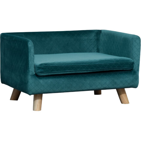 Divano letto per cani dal design scandinavo, morbido cuscino, gambe in legno massello, dimensioni: 64 x 45 x 36 cm, velluto blu anatra