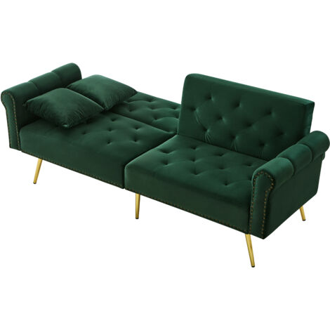 Divano Letto Trasformabile 147x85x41 cm, 2 Posti, Cuscini Inclusi, Comfort Ergonomico, Rivestimento Velluto Verde, per Soggiorno