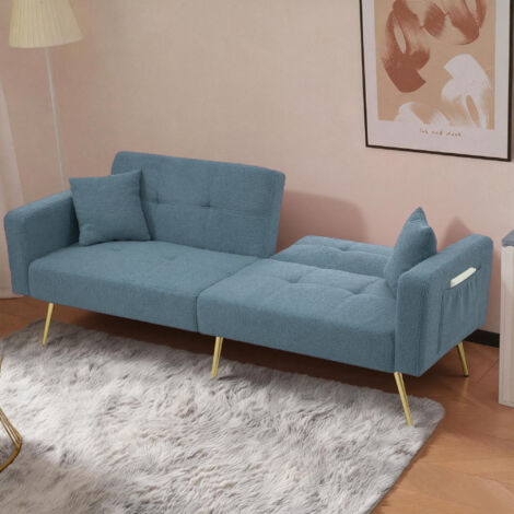 Divano letto trasformabile per 2 persone, schienale regolabile, tasche laterali, 2 cuscini, 175x64x72 cm, gambe dorate, sherpa blu antico