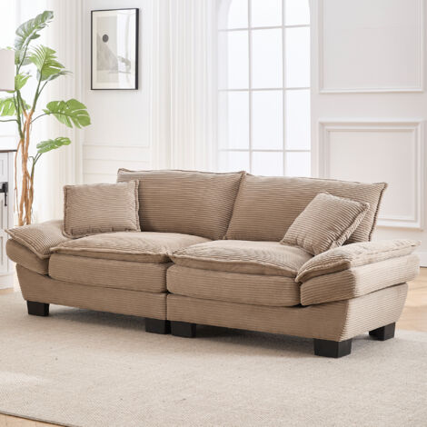 Divano Lineare 2 Posti, Seduta Extra Profonda con Braccioli Imbottiti e 2 Cuscini, Velluto, Cachi, 224 × 81 × 81 cm