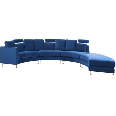 Divano Moderno 8 Posti Curvo in Velluto Blu Scuro con Ottomana Rotunde
