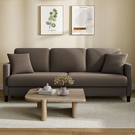 Divano moderno a 3 posti in velluto Teddy, grande divano dritto in legno massello con braccioli, 3 cuscini + 2 cuscini, 210 x 79 x 89 cm - Marrone