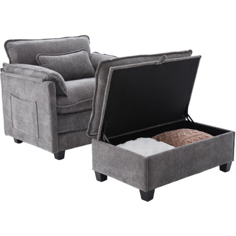 Divano MODFU a 1 posto, divano reclinabile semplice con panca contenitore, poltrona per soggiorno/camera da letto, ciniglia, grigio