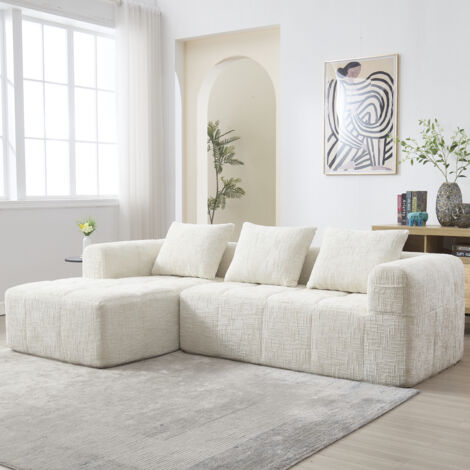 Divano Modulabile 3 Posti Chaise-longue 250x158x60 cm in Ciniglia Beige, Cuscini sfoderabili