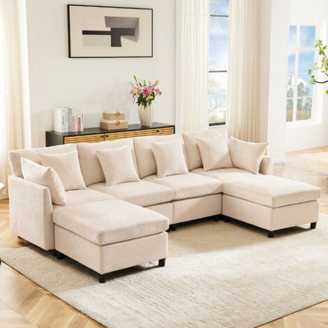 Divano modulabile 4 posti, angolo L o U con 2 pouf, in chenille, beige