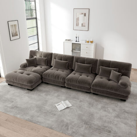 Divano modulabile 4 posti, con pouf mobile, in chenille, marrone