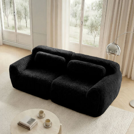 Divano Modulare 2 Posti, Design Senza Struttura Componibile con Cuscini e Base Antiscivolo, Peluche, Nero