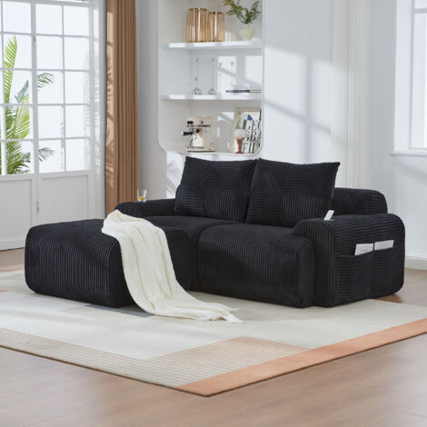 Divano modulare 2 posti in corduroy nero con pouf, portabicchieri e tasca laterale, 200x174x80 cm