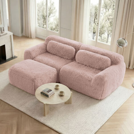 Divano Modulare 2 Posti in Tessuto Scamosciato con Sgabello, Base Antiscivolo, Senza Montaggio, Seduta Larga, Rosa