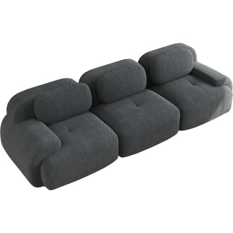 Divano Modulare 298x103x75 cm, 3 Posti, con Braccioli Curvi, Confort Iper-Elastico, in Velluto a Coste, Grigio, per Soggiorno