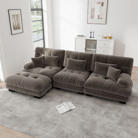 Divano modulare 3 posti, angolare con pouf, in chenille, marrone