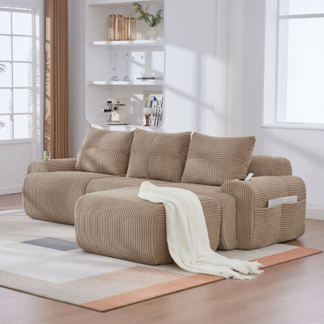 Divano modulare 3 posti in tessuto a coste kaki con pouf, portabicchieri e tasca laterale, 268x174x80 cm