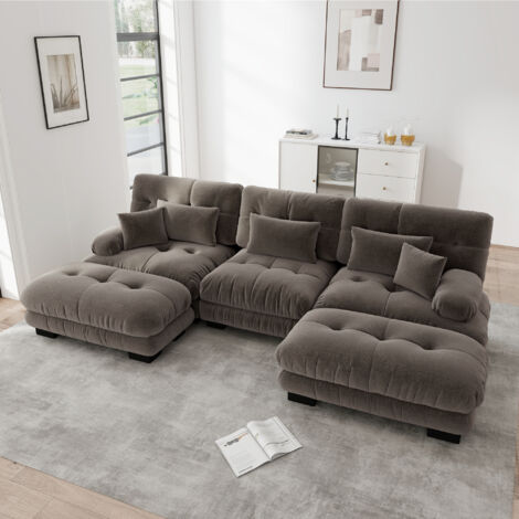 Divano modulare 3 posti, seduta profonda con pouf, in chenille, marrone