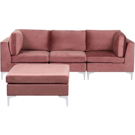 Divano Modulare 3 Posti Velluto Rosa Gambe Metallo Argento e Ottomana Evja