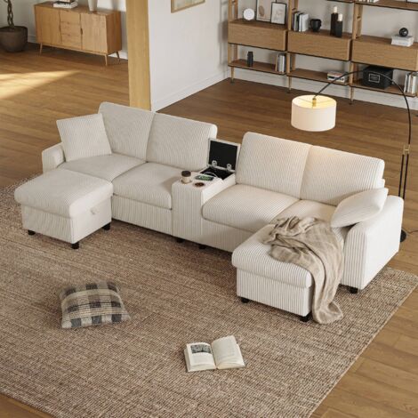 Divano modulare 4-6 posti - 315x81x135 cm - con 2 portabicchieri, 1 porta USB, 2 prese e 2 Type-C - velluto a coste beige