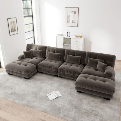 Divano modulare 4 posti, angolare con pouf mobili, in chenille, marrone