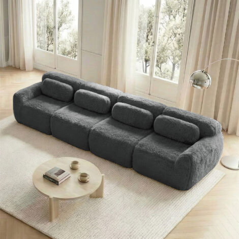 Divano Modulare 4 Posti, Design Ergonomico con Pouf Collegabile e Base Antiscivolo, Peluche Grigio