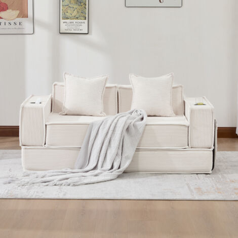 Divano modulare a 2 posti con tasche laterali e 2 cuscini, 162x78x66 cm, velluto a coste beige
