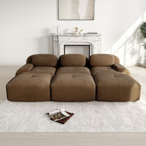 Divano modulare a 3 posti + pouf, divano angolare in velluto a coste marrone - Modulare ed ergonomico, braccioli dal design curvo - Marrone