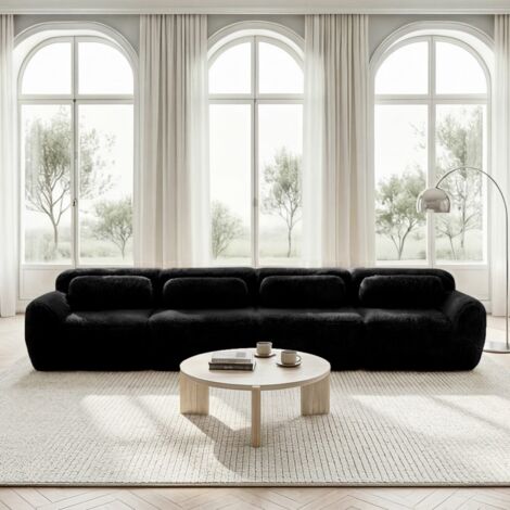 Divano modulare a 4 posti 378x104x73 cm - Divano profondo XL in tessuto peluche premium con cuscini - Nero