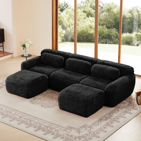 Divano modulare a U per 2-4 persone, 3 cuscini, tessuto di peluche di alta qualità, schiuma ad alta resilienza, non richiede montaggio, nero