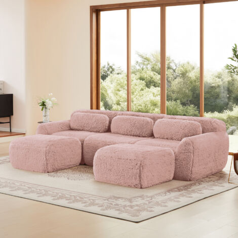 Divano modulare a U per 2-4 persone, 3 cuscini, tessuto di peluche di alta qualità, schiuma ad alta resilienza, non richiede montaggio, rosa