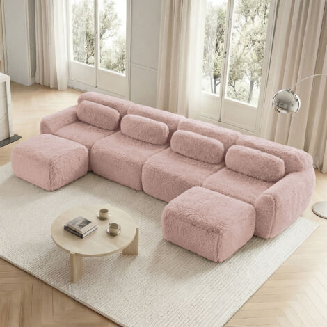 Divano Modulare a U, Senza Montaggio, Configurazione Libera con Ottomana Collegabile, Tessuto Peluche, Rosa
