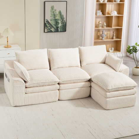 Divano modulare in velluto a coste beige con pouf, cuscini e tasche laterali