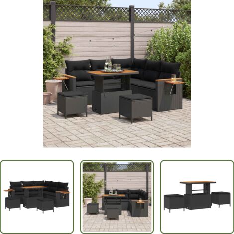 Divano modulare -  Set Divano da Giardino con cuscino 9 pcs Nero polyrattan
