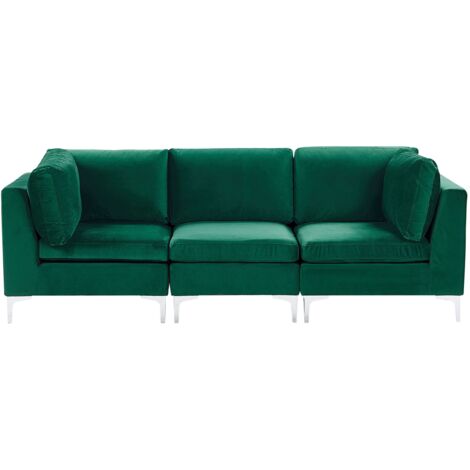 Divano Modulare Velluto Verde 3 Posti Gambe In Metallo Argento Glamour Evja
