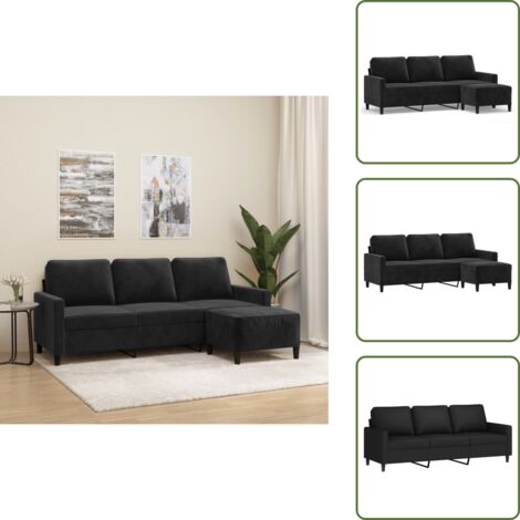 Divano nero - vidaXL Divano a 3 Posti con Poggiapiedi Nero 180 cm in Velluto - Divano con poggiapiedi in velluto