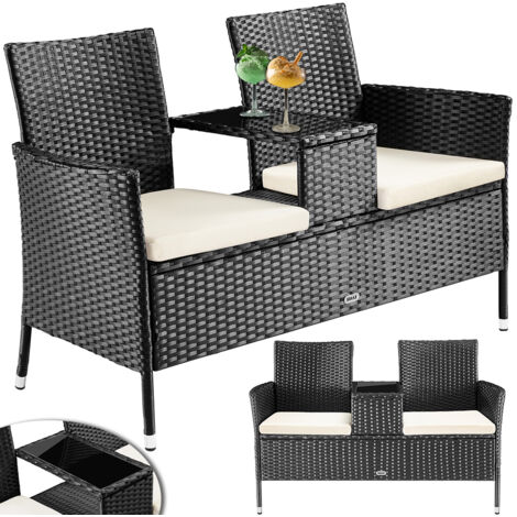 Divano Panca da Giardino Nero in Polyrattan Panchina Divanetto con Ripiano Vetro