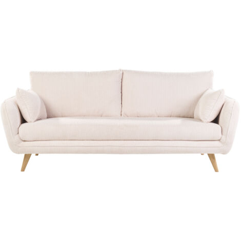 Divano scandinavo 3 posti in velluto a coste color crema e legno chiaro CREEP