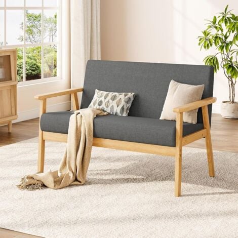 YOLEO Divano scandinavo a 2 posti in tessuto di lino, poltrona da soggiorno con struttura in legno, per piccoli spazi, 107 L x 60 P x 76 A cm, grigio