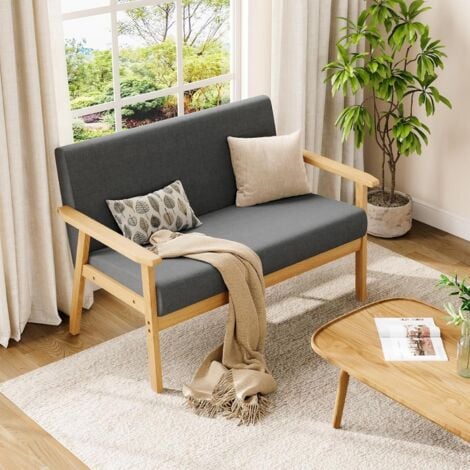 KEEPBUYING Divano scandinavo a 2 posti, poltrona moderna da soggiorno in tessuto di lino grigio con struttura in legno, 107 x 60 x 76 cm, per piccolo appartamento, camera da letto, ufficio