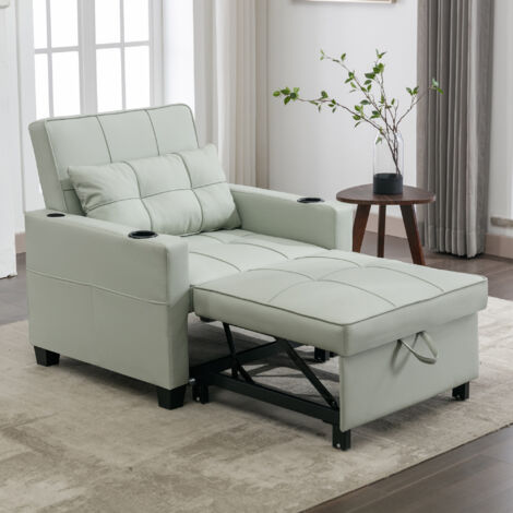 Divano singolo 74x87x84 cm, Poltrona estensibile, con USB e portabicchieri, in legno e metallo verde chiaro, per camera o studio